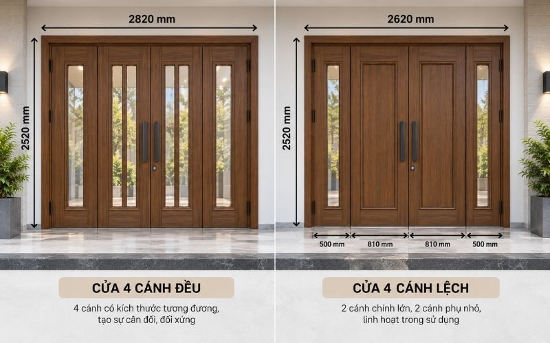 Kích thước cửa chính 4 cánh có ô thoáng